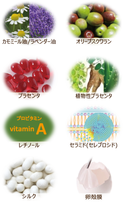 カモミール油／ラベンダー油・オリーブスクワラン・プラセンタ・植物性プラセンタ・レチノール・セラミド（セレブロシド）・シルク・卵殻膜